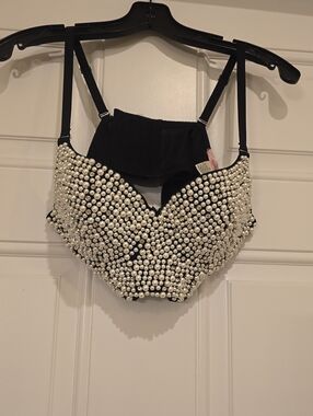Pearl-Embellished Black Bra Top - Women's Intimates